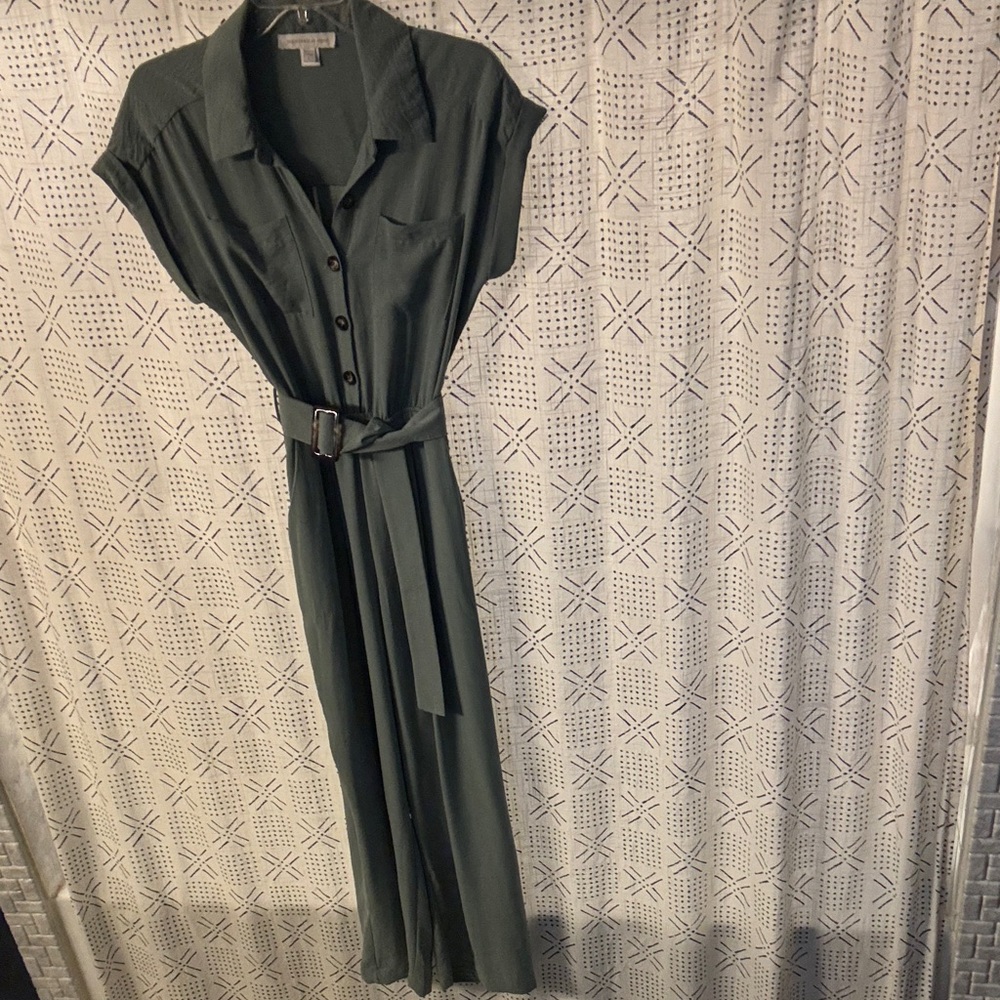 Button Up Light Green Jumpsuit with Pockets and Adjustable Belt